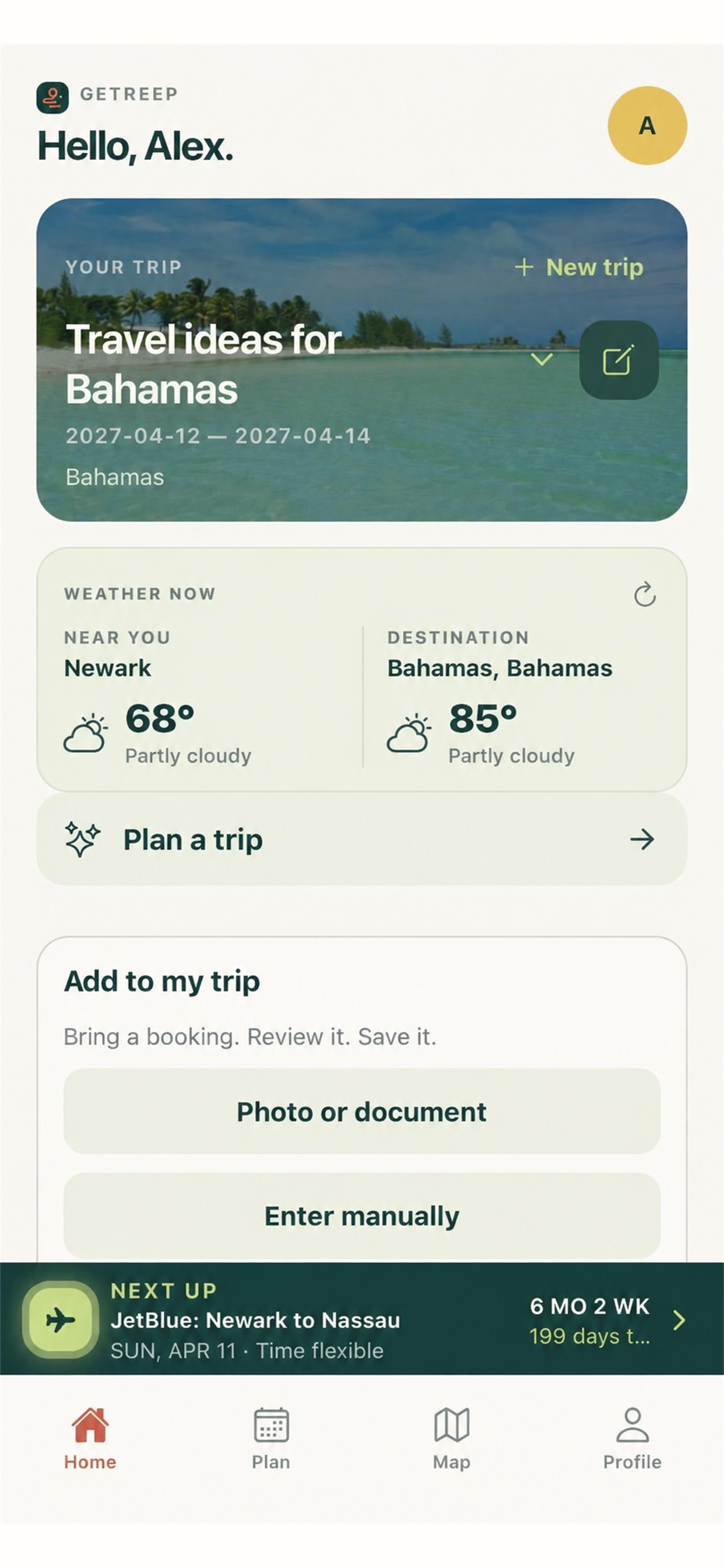 Getreep home screen with a trip overview