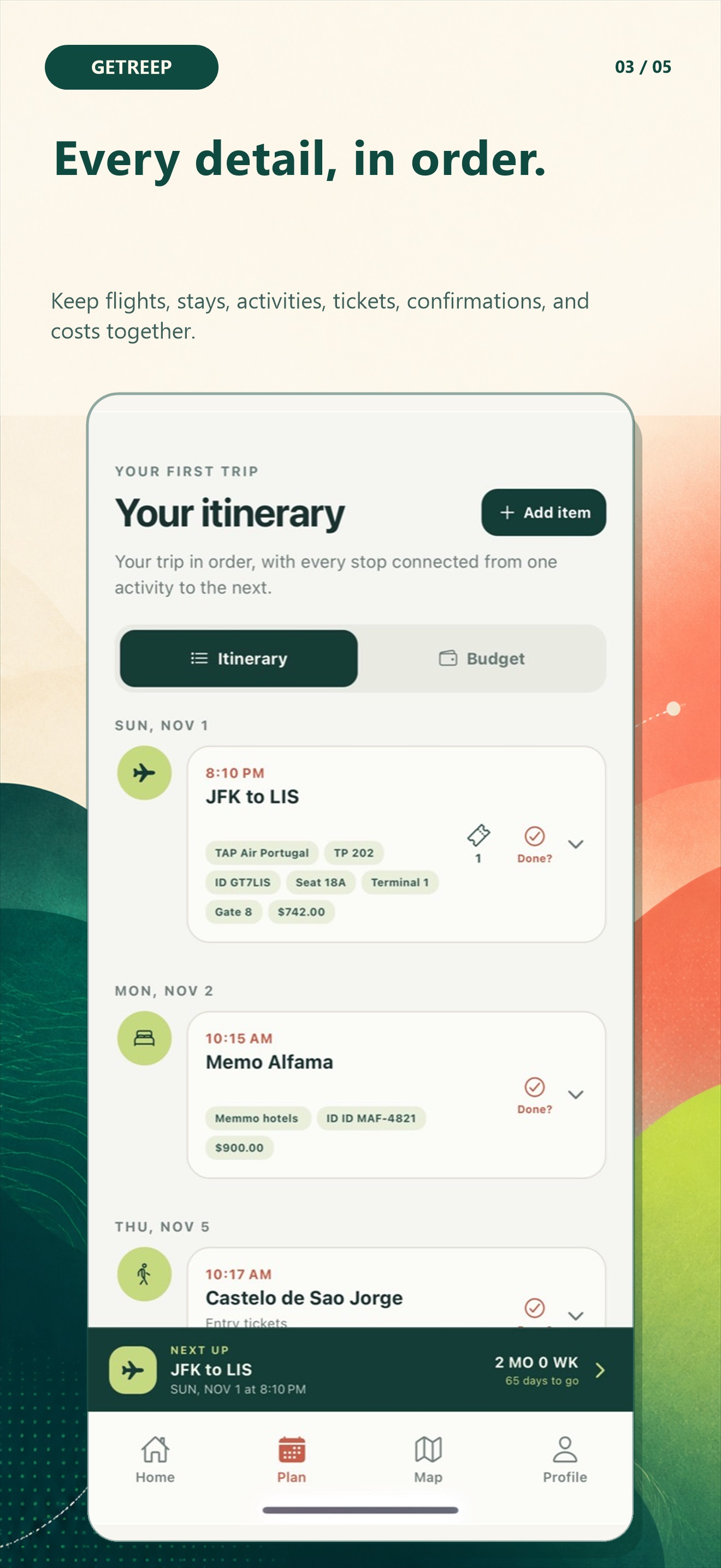 Getreep day-by-day itinerary with flight, hotel, and activity details