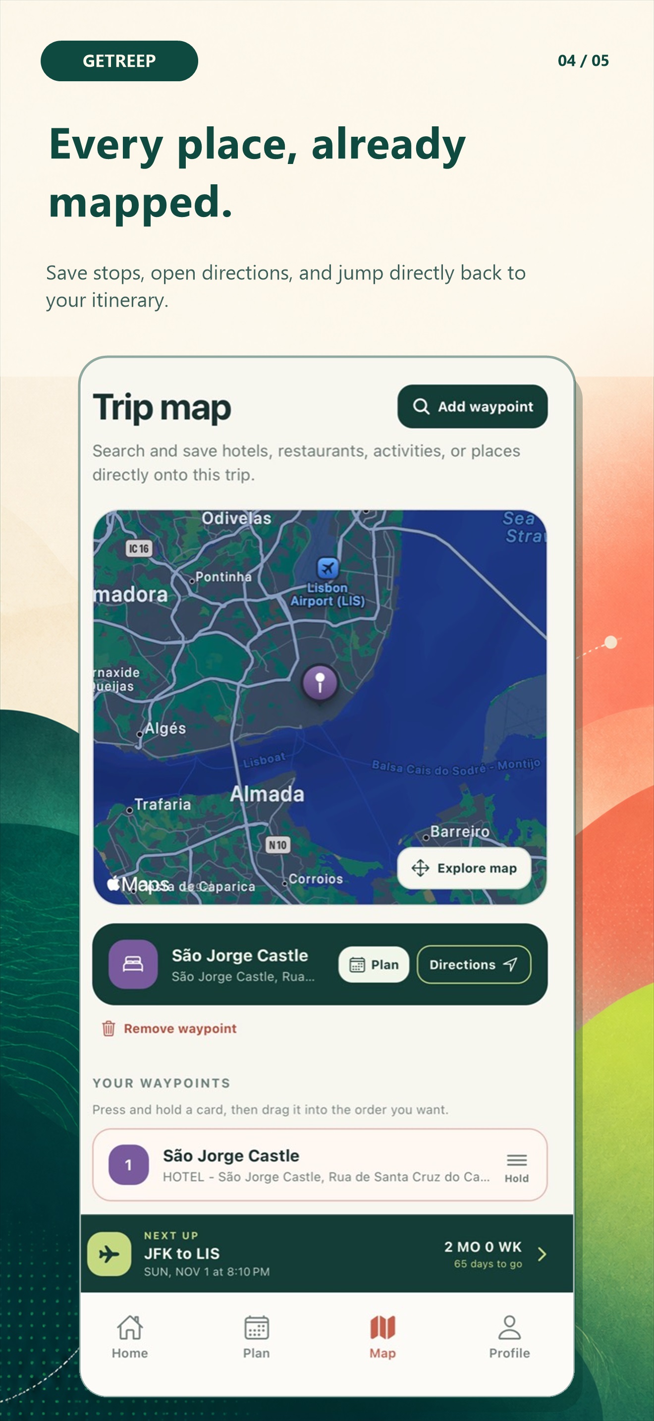 Getreep map showing saved places and directions