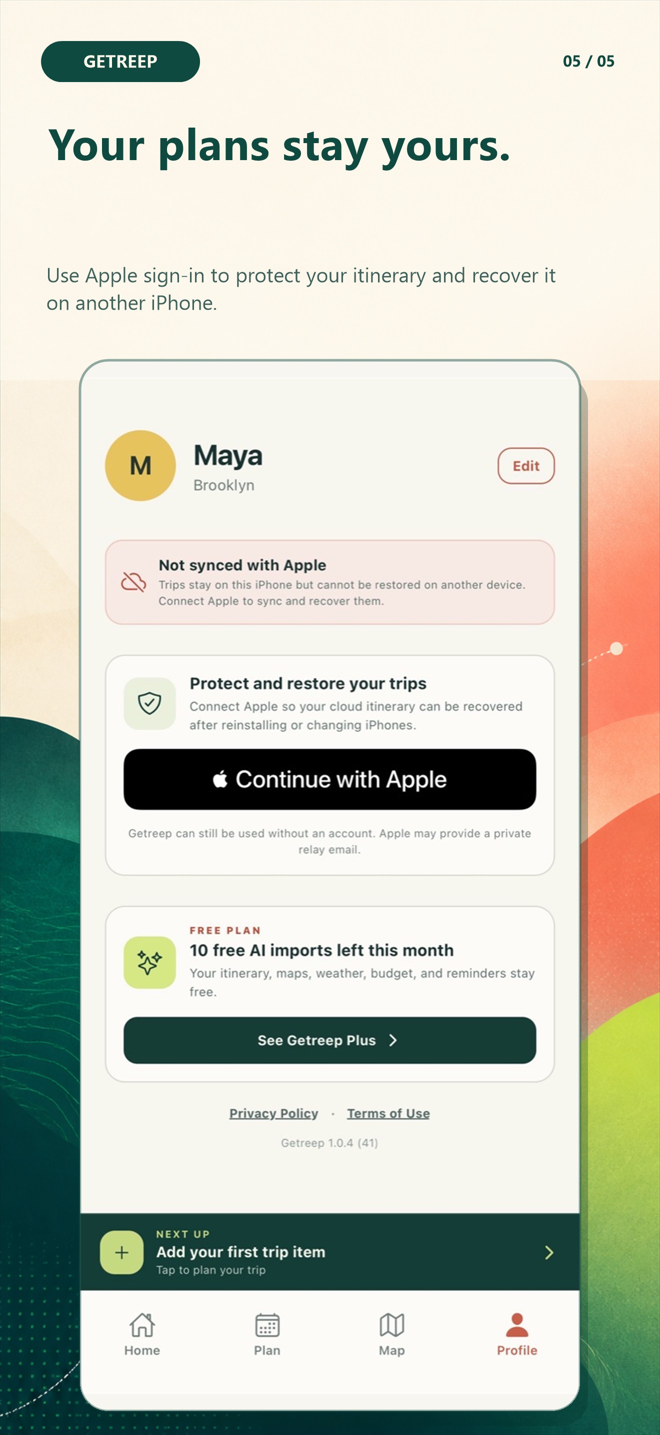 Getreep profile showing Apple sign-in, trip recovery, and monthly AI imports