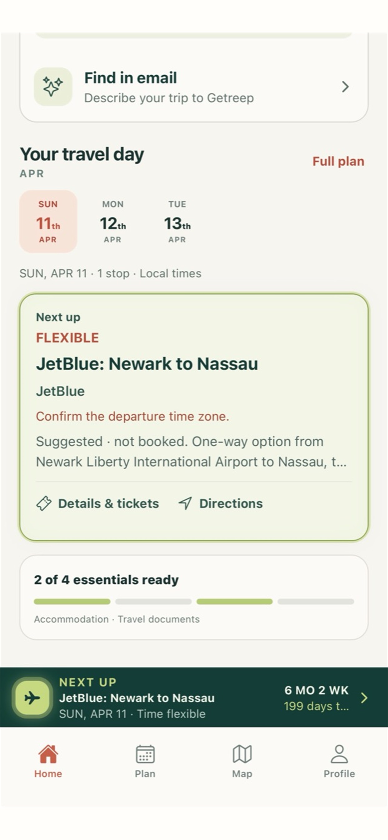 Getreep travel-day readiness screen