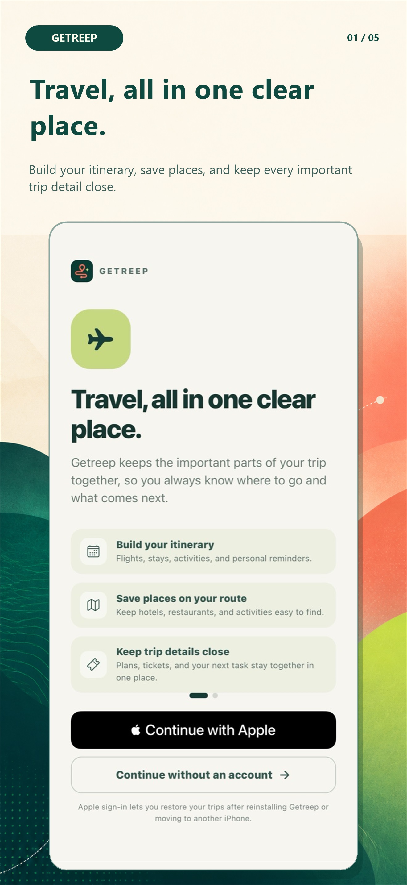 Getreep welcome screen explaining its itinerary, places, and trip-detail tools