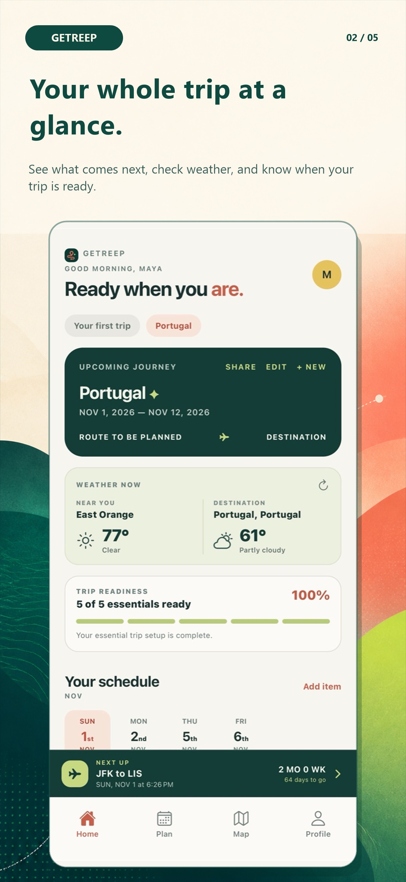 Getreep home screen showing an upcoming trip, weather, readiness, and schedule