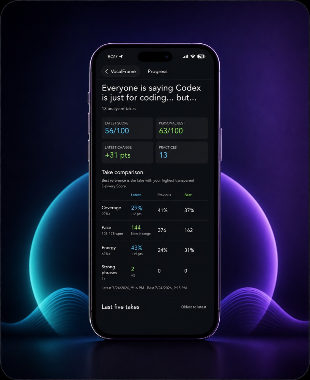 VocalFrame progress dashboard displayed on a phone