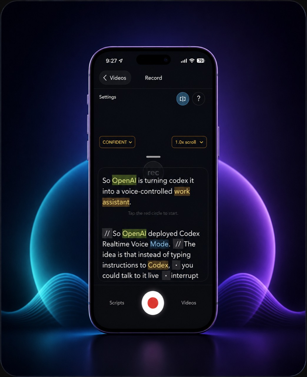 VocalFrame recording screen displayed on a phone