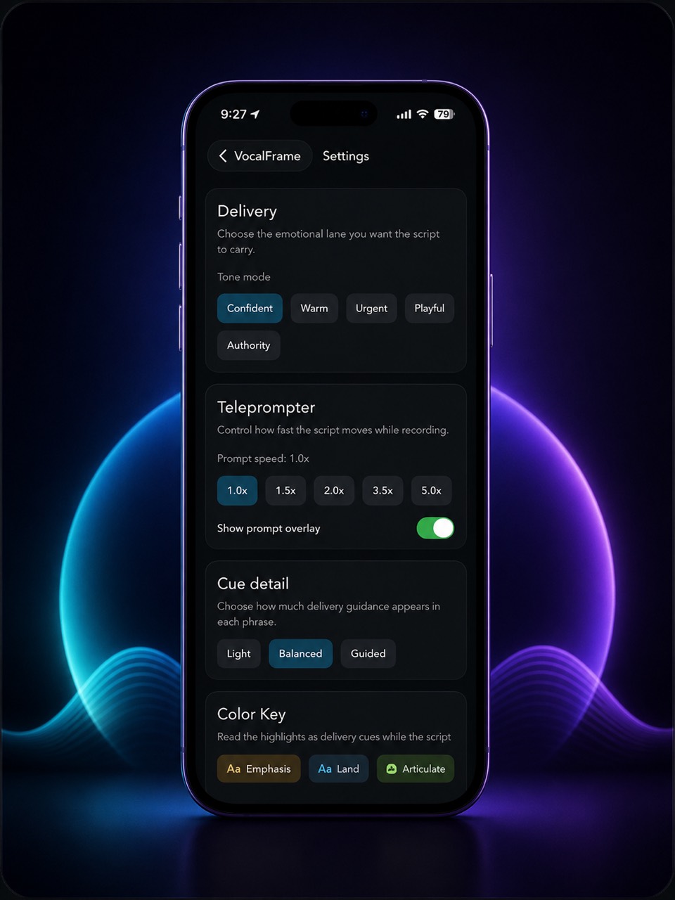 VocalFrame delivery and teleprompter settings displayed on a phone
