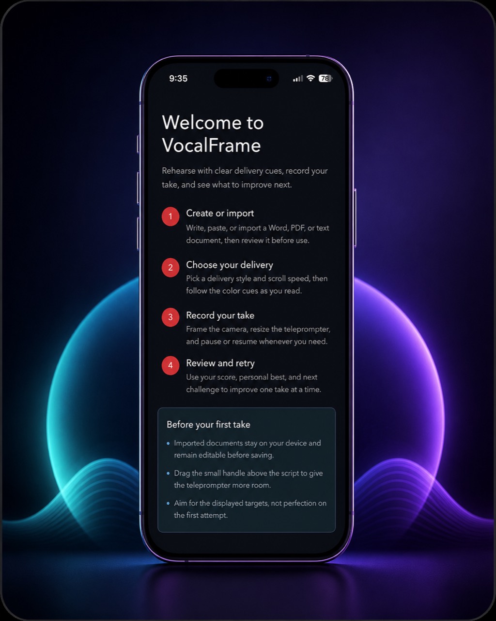 Welcome to VocalFrame guide displayed on a phone